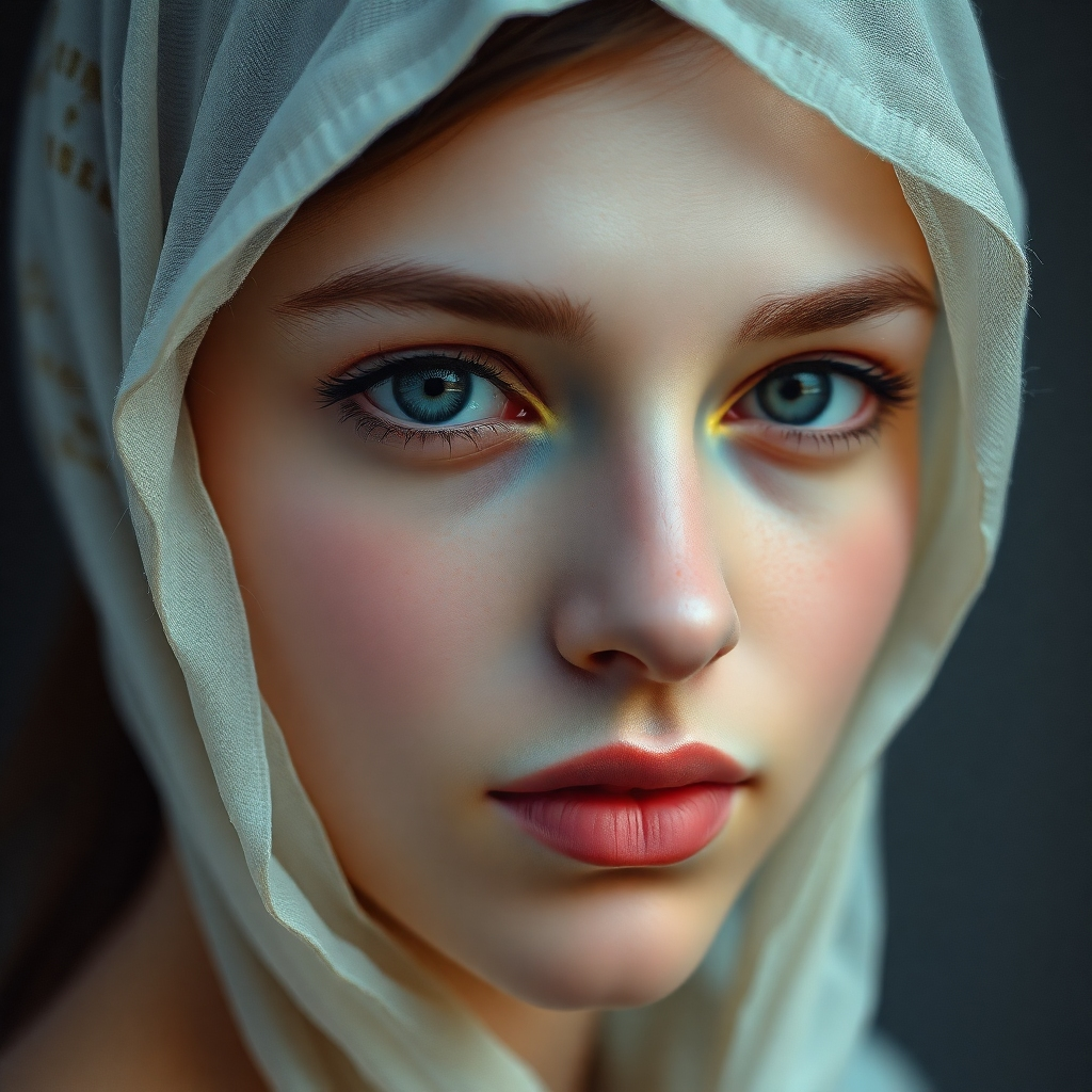 A photorealistic portrait of a young woman with a serene expression, rendered in soft chalk pastels. Soft, diffused lighting creates a gentle and calming atmosphere. The color palette leans towards muted tones and subtle highlights. Capture the texture of the pastel on the skin. Style reference: Renaissance portraiture with a modern pastel twist. Technical specifications: 4K resolution, high quality.