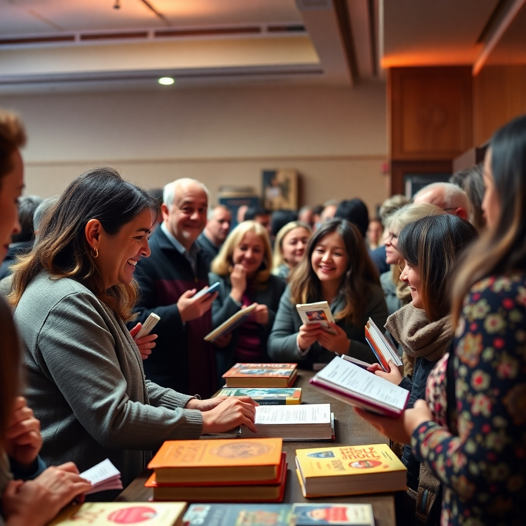 A photorealistic scene of a book launch event with people gathered around an author who is signing copies of their book. Capture the excitement and energy of the event, with smiling faces and lively conversation. Use a warm color palette to convey the sense of community.