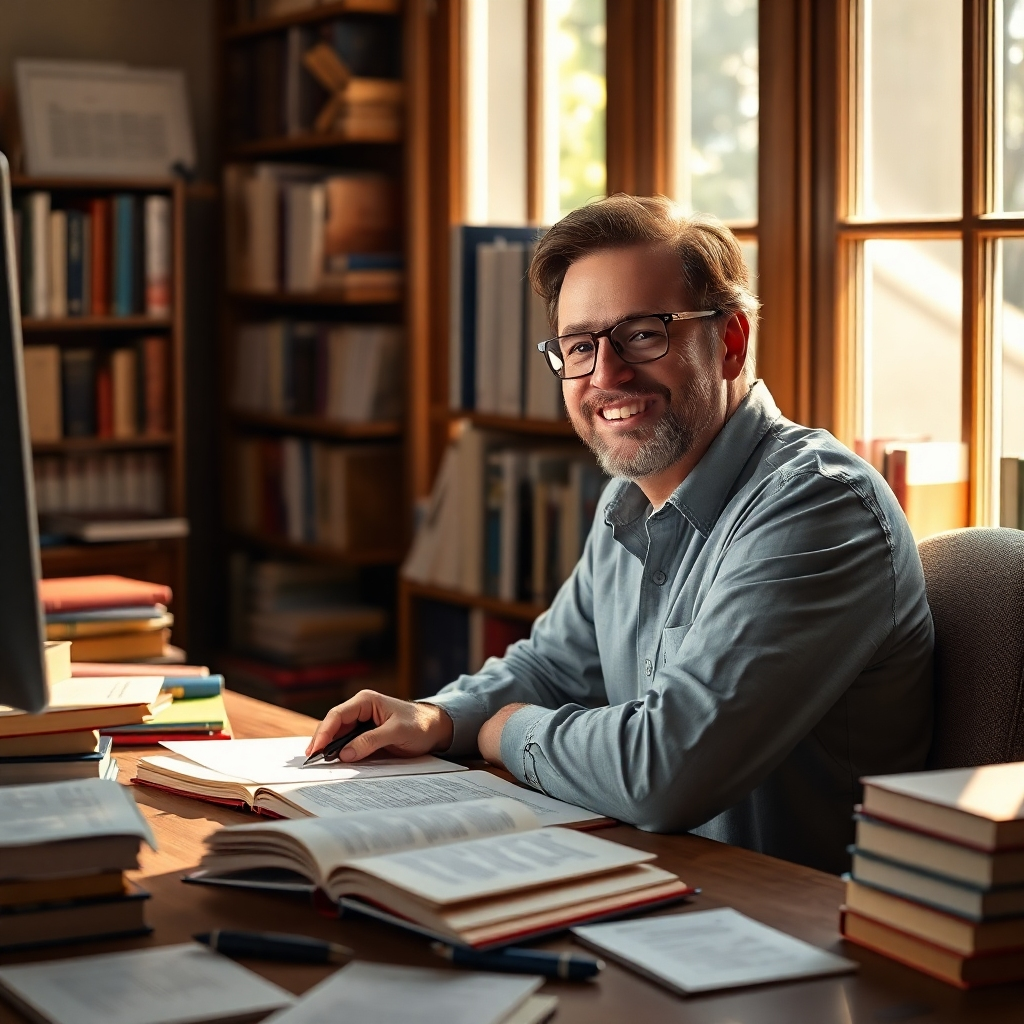 A photorealistic scene of an author sitting at a desk, surrounded by books and a computer. The author is smiling and appears inspired, with light streaming in through the window. Emphasize the details of the writing process, such as the pen in the author's hand and the notes scattered around the desk. The color palette should be warm and inviting, reflecting the joy of creative expression.