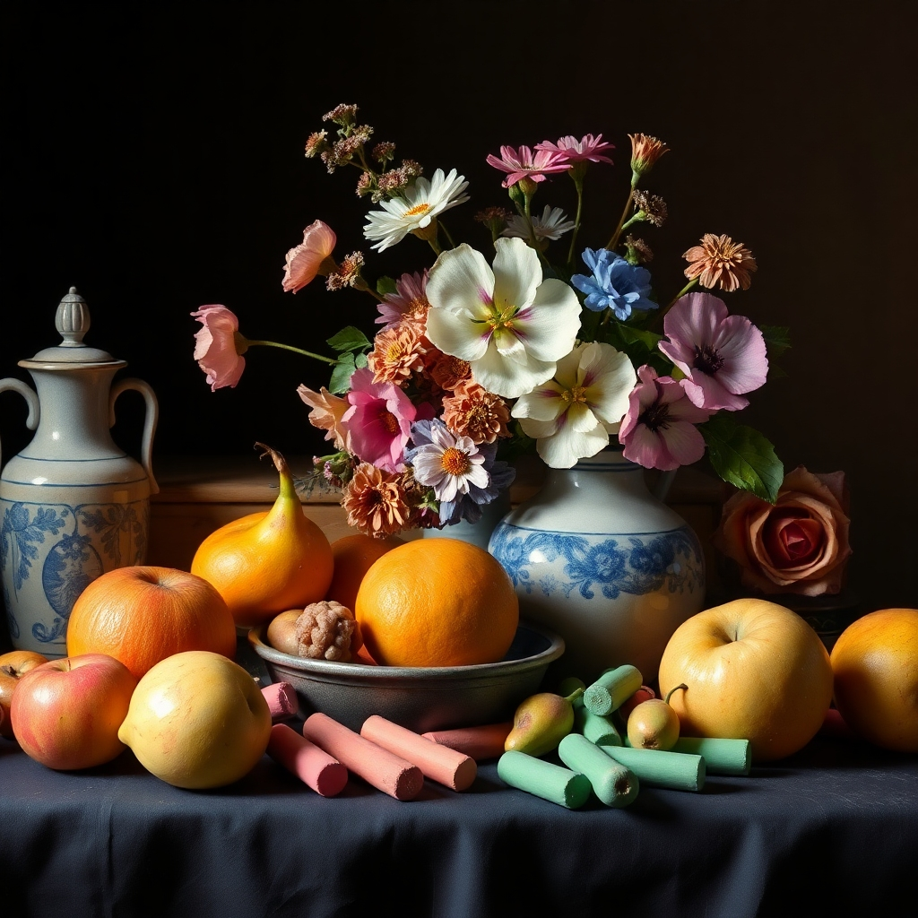 A photorealistic still life composition featuring fruit, flowers, and antique objects, rendered in soft chalk pastels. The lighting is dramatic, with strong contrasts between light and shadow. The color palette is rich and vibrant, with pops of color against a dark background. Capture the texture of the pastel on the surfaces of the objects. Style reference: Dutch still life painting with a modern pastel twist. Technical specifications: 4K resolution, high quality.