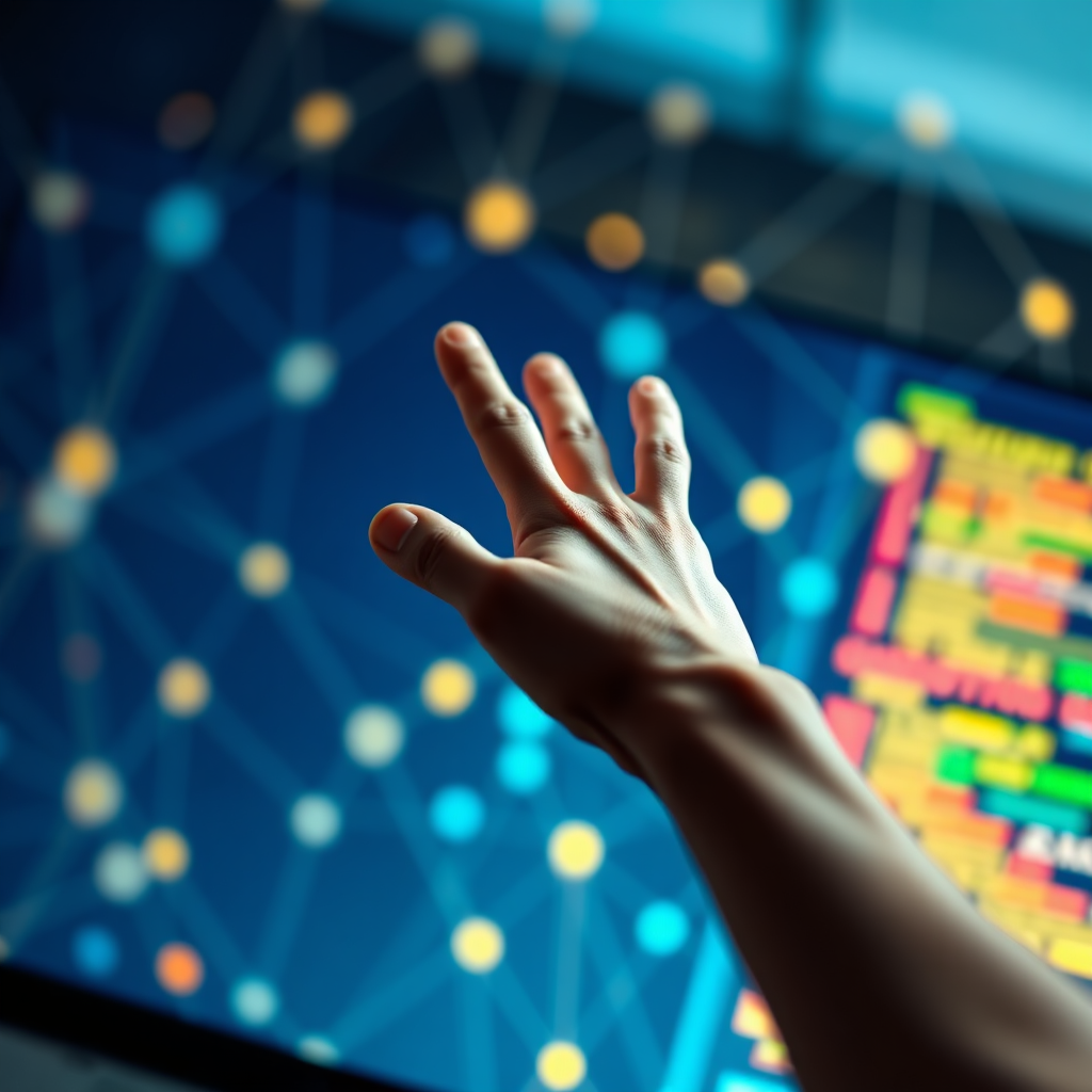 A powerful image of a single hand reaching out from a computer screen, offering guidance and support to individuals in need. The background is a network of interconnected nodes, symbolizing the reach and influence of online ministry. Colors should be vibrant and uplifting. Style reference: Modern digital art. Camera angle: Close-up on the hand, with the screen blurred in the background.