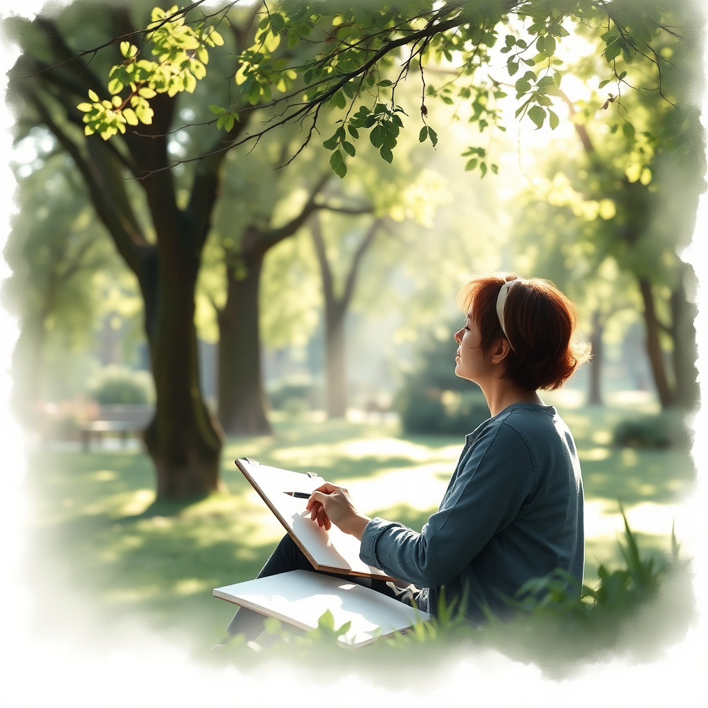 A serene image of a person peacefully drawing in a nature setting, perhaps a park or garden. The person appears relaxed and focused. Sunlight filters through the trees, creating dappled light. The overall feeling is calm and stress-free. Focus should be on capturing the sense of tranquility. Style: Impressionistic, soft lighting. Technical specs: 4K resolution.