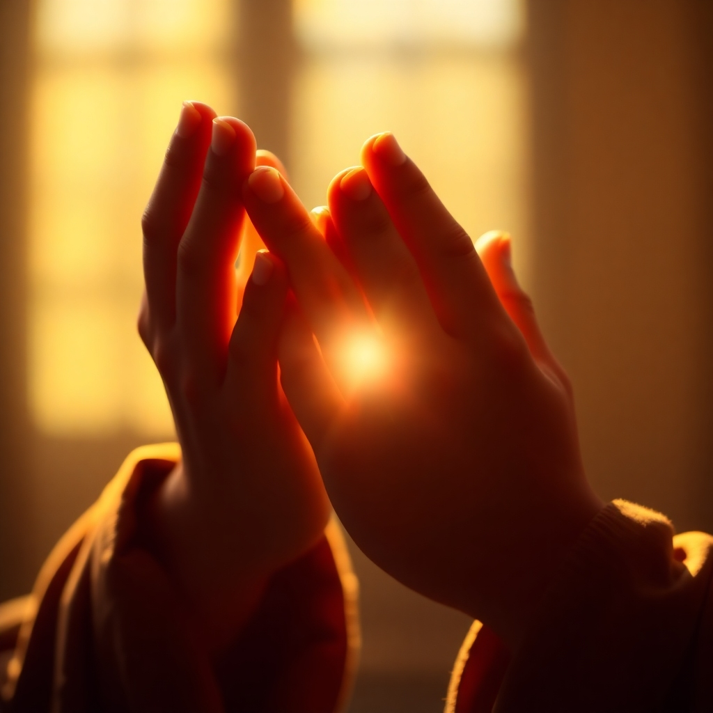 A serene image of hands clasped in prayer, bathed in soft, golden light. The background is blurred, suggesting a peaceful and contemplative atmosphere. Focus on the texture of the hands and the gentle light. Style: Renaissance painting with a modern twist. Technical specs: 4K resolution, high-quality rendering.