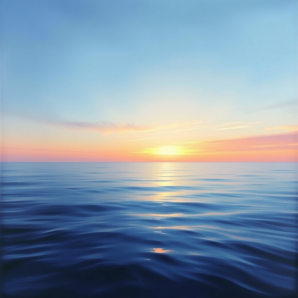 A serene painting of a calm ocean at sunrise, symbolizing emotional regulation and inner peace. The colors are soft and calming, including blues, pinks, and oranges. The lighting is gentle and diffused, creating a sense of tranquility. 4K resolution, high quality.