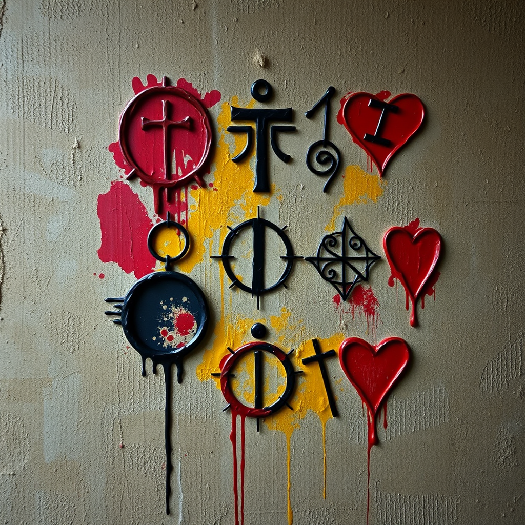 A series of abstract symbols and shapes painted on a textured background, representing unspoken emotions and experiences. The colors are deep and rich, conveying a sense of depth and complexity. The lighting is dramatic, highlighting the textures and symbols. 4K resolution, high quality.