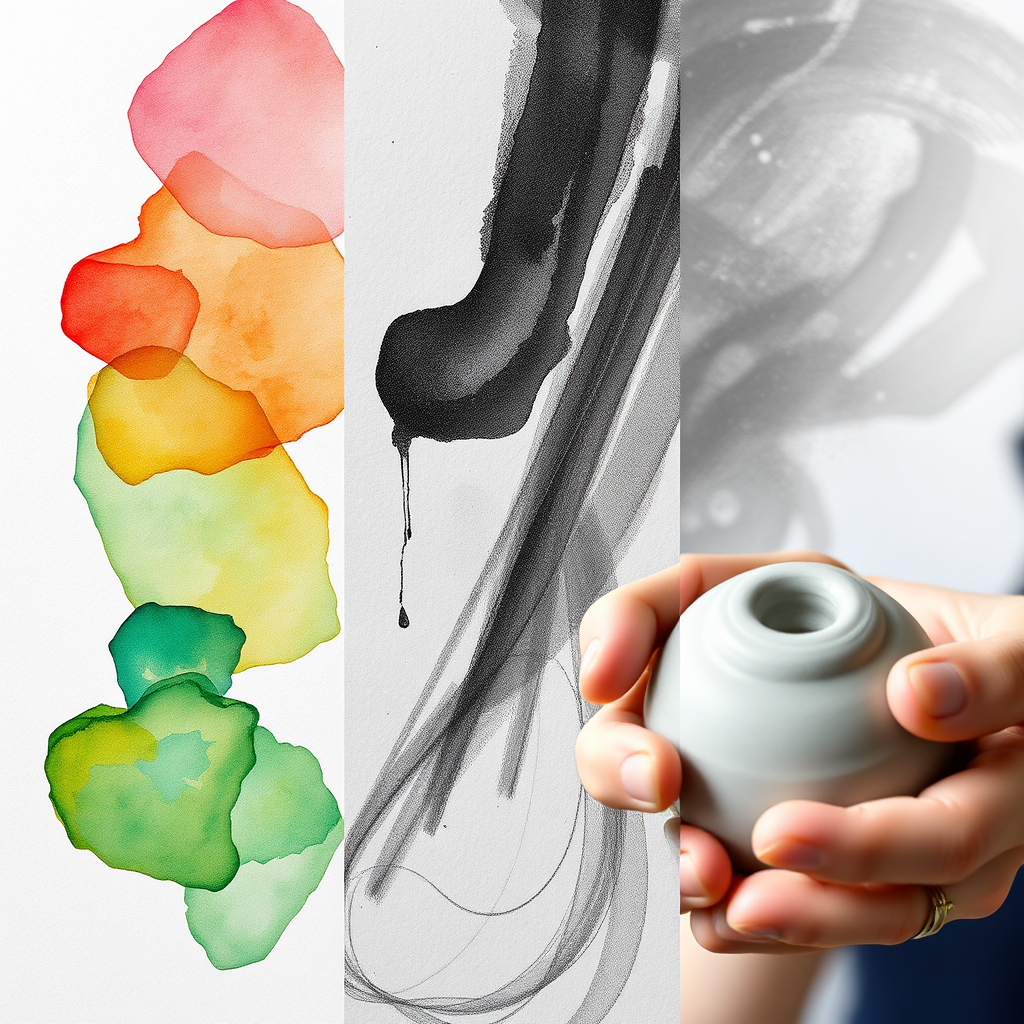 A side-by-side comparison showcasing three different art mediums: watercolors blending on paper, charcoal strokes creating depth, and clay being molded by hands. The image should highlight the unique textures and characteristics of each medium. Style: Clean, informative. Technical specs: High resolution, macro details.