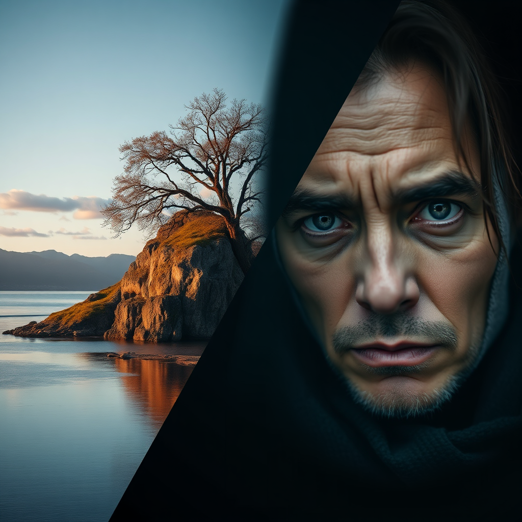A split composition showing two different subjects: one side depicts a serene landscape, symbolizing peace and tranquility, while the other side shows a portrait expressing complex emotions. The image should emphasize the power of subject matter in conveying different moods and messages. Style: Contrast, symbolic. Technical specs: 4K resolution.