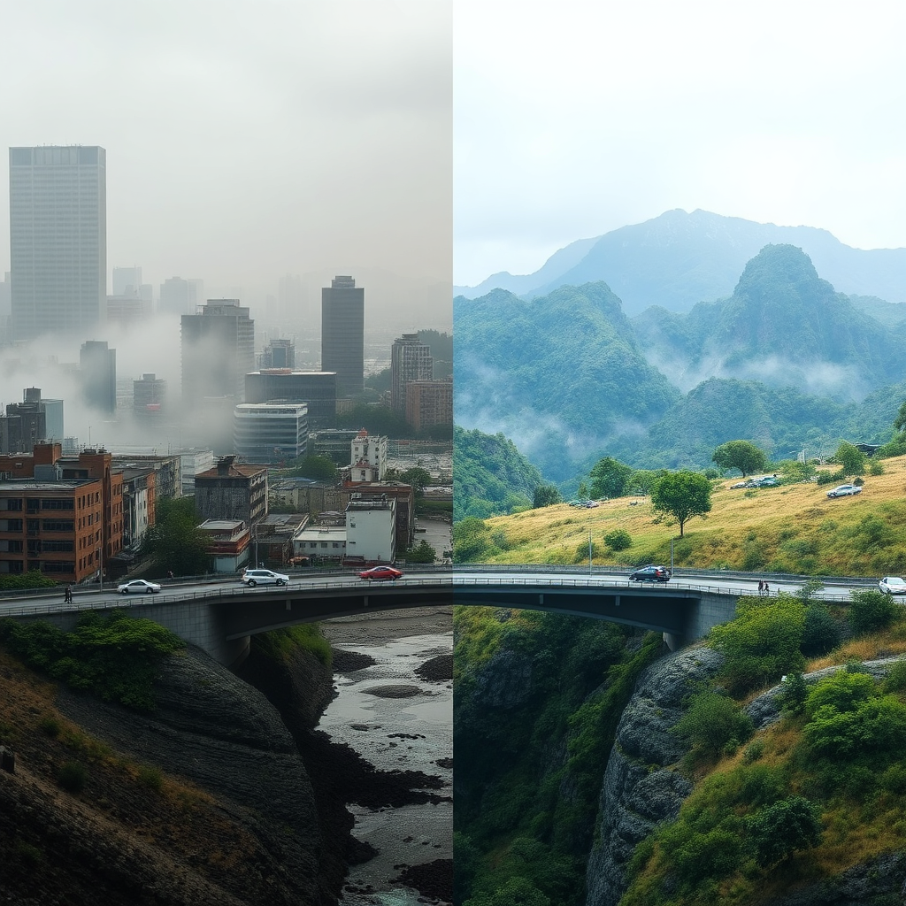 A split image showing a polluted urban landscape on one side and a pristine natural landscape on the other. A bridge connects the two scenes, symbolizing the connection between urban life and the natural world. The natural landscape side features vibrant colors and textures, while the urban side is muted and gray. The overall message is to emphasize the importance of connecting with nature for healing and well-being.