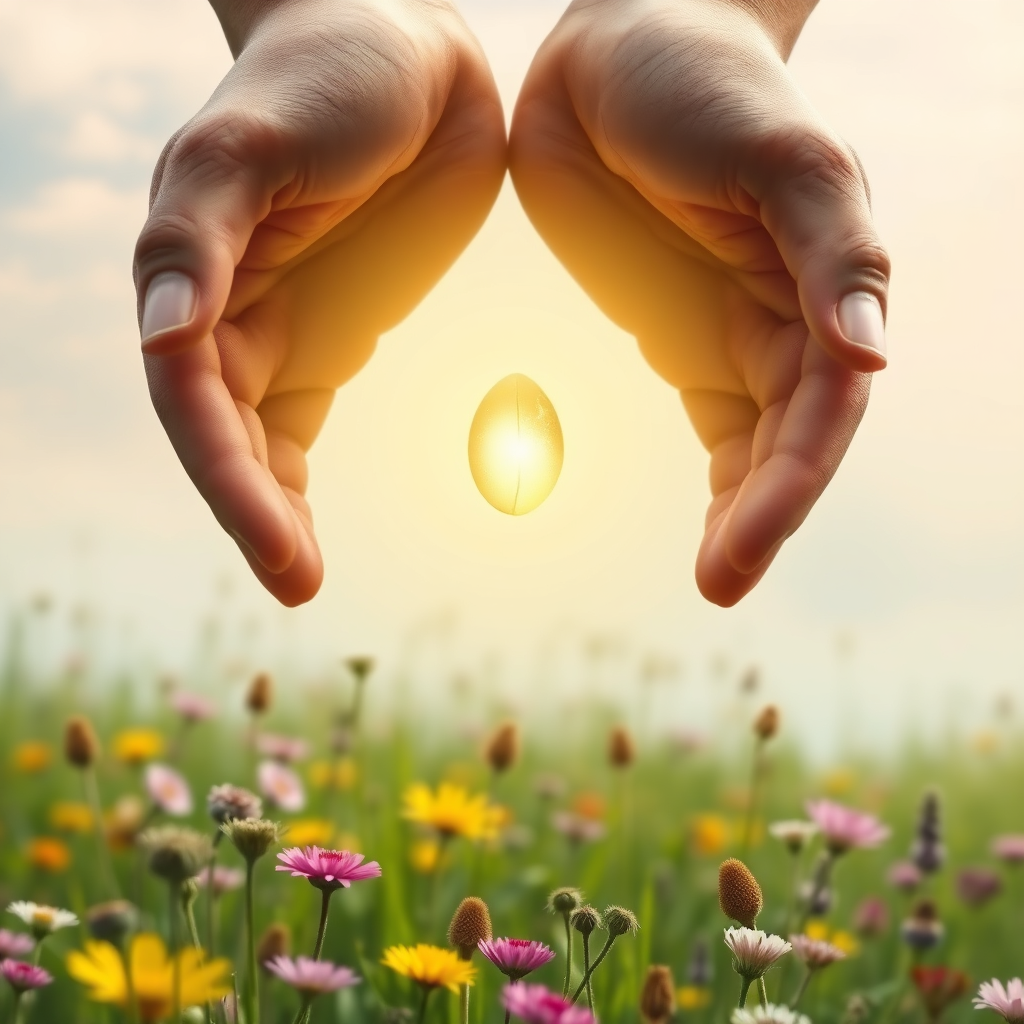 A stylized 4K image capturing the essence of healing through nature art. Depict a pair of hands gently holding a glowing seed, suspended above a lush, verdant meadow. The seed radiates a soft, warm light, symbolizing growth, healing, and potential. The meadow is teeming with life, showcasing a diverse range of plant species in vibrant colors. The background features a soft, painterly sky with wisps of clouds. The overall style should be ethereal and uplifting, with a focus on conveying a sense of peace, hope, and connection to the natural world. Consider using a soft-focus effect to enhance the dreamy atmosphere. Lighting should be gentle and diffused to create a calming and restorative visual experience.