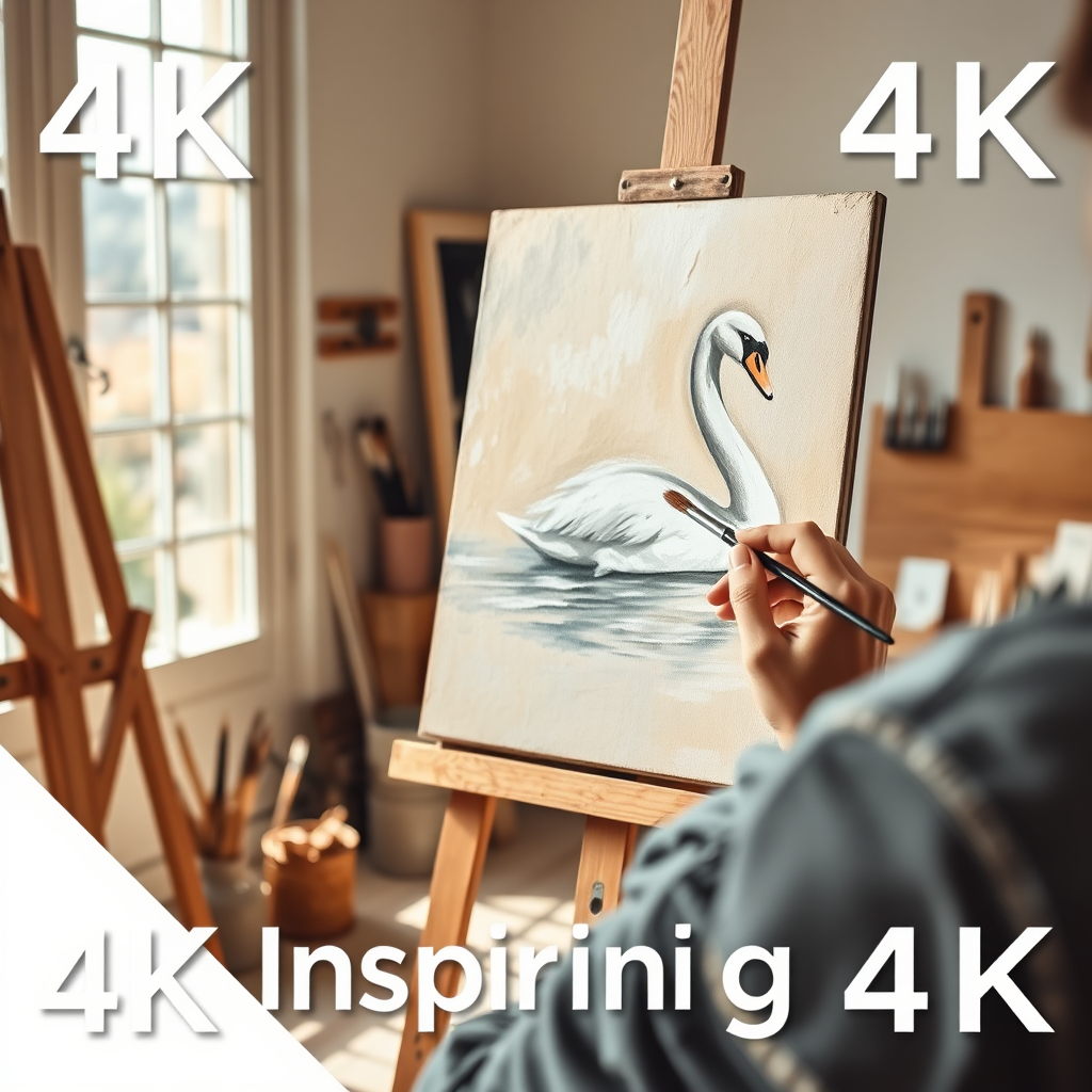 A stylized 4K image representing 'My Inspiring Art' and its focus on the 'Swan Beauty' painting. The scene shows an artist's studio bathed in natural light. An easel stands prominently, displaying a partially completed oil painting of a swan. The artist's hands, delicate and skilled, are seen adding a final brushstroke. The color palette is warm and inviting, with earth tones and hints of blues and whites to reflect the swan's plumage. The studio is filled with art supplies, including brushes, paints, and canvases, creating a sense of creativity and inspiration. The camera angle is close-up, focusing on the artist's hands and the details of the painting. Style reference: Contemporary realism with an emphasis on light and texture. Resolution: 4K, high quality.