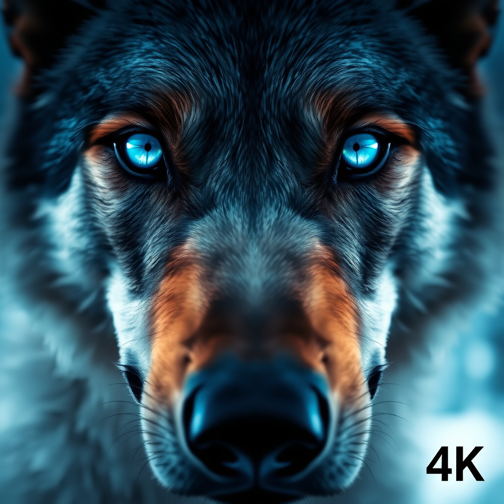 A stylized close-up of a wolf's piercing blue eyes, reflecting the beauty of the surrounding wilderness. The lighting should be dramatic and intense, highlighting the wolf's strength and intelligence. Use a limited color palette to create a sense of mystery and intrigue. 4K resolution.