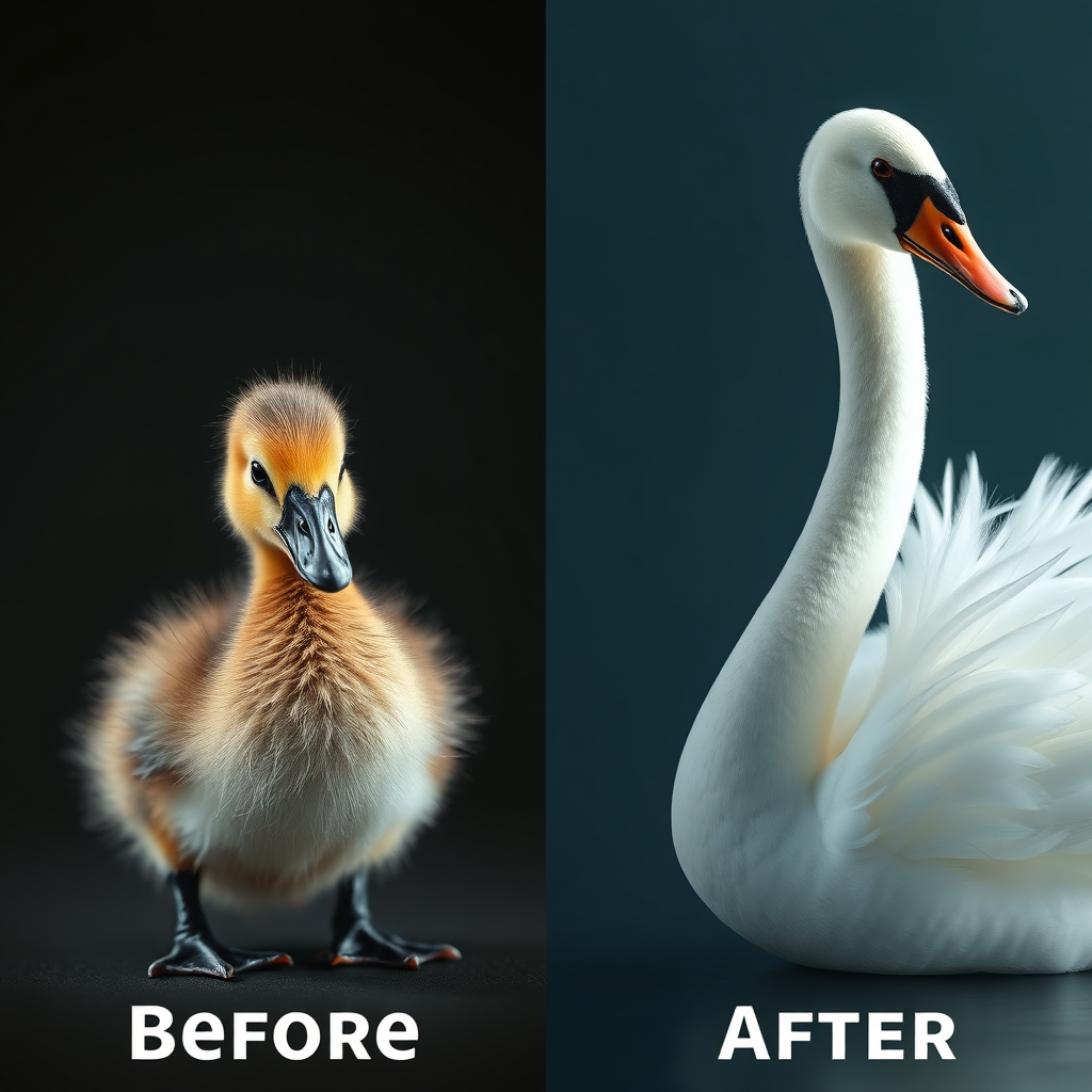 A stylized image depicting a before-and-after transformation. On one side, a muted, unassuming duckling. On the other, a radiant white swan. Use contrasting colors and lighting to emphasize the change. Style: Conceptual art. Resolution: 4K.