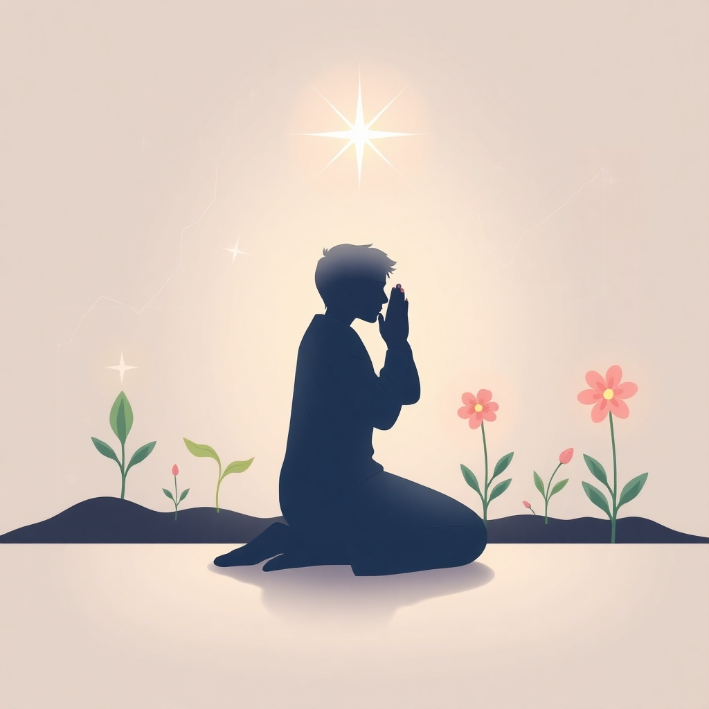 A stylized image depicting a person kneeling in prayer, surrounded by symbols of spiritual growth, such as sprouting seeds and blossoming flowers. The person is bathed in a soft, ethereal light, and the overall color palette is calming and peaceful. Subtle, transparent overlays of financial charts and graphs are integrated into the background, representing the earthly rewards of spiritual investment. Style: Modern, minimalist, and symbolic. Resolution: 4K, high quality.