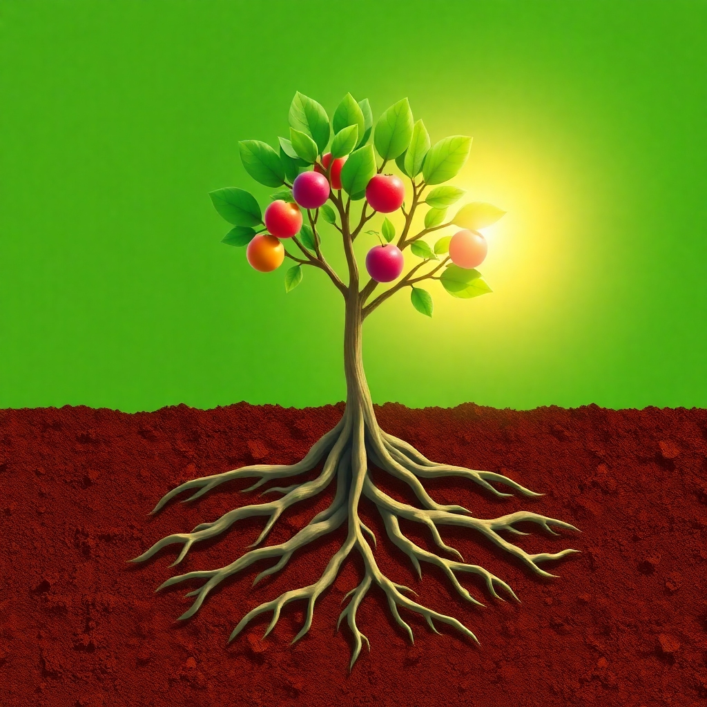 A stylized image depicting a seed growing into a strong, healthy tree, bearing fruit. The roots are deeply grounded in rich soil, symbolizing a strong foundation in faith. The tree is bathed in sunlight, representing growth and abundance. Technical specs: 4K resolution, vibrant colors.