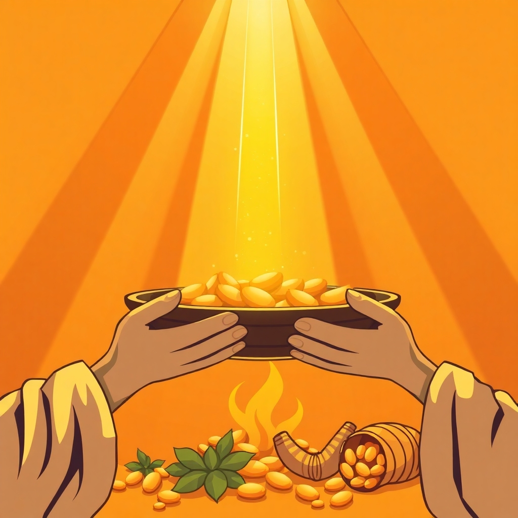 A stylized image depicting hands giving offerings into a collection plate, with rays of light shining down upon them. The light represents divine blessing and multiplication. The overall color palette is warm and inviting, with a sense of gratitude and joy. Subtle visual effects, like overflowing cornucopias, symbolize abundance. Style: Uplifting, symbolic, and generous. Resolution: 4K, high quality.