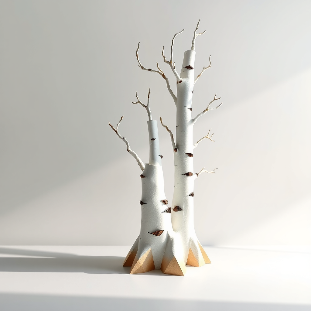 A stylized image featuring a completed paper birch sculpture in a minimalist setting. The sculpture is bathed in soft, even light, casting gentle shadows. The background is a neutral color, allowing the artwork to take center stage. The composition is clean and balanced, reflecting the harmonious nature of the art. The color palette is muted and calming. Technical specs: 4K resolution, high quality.