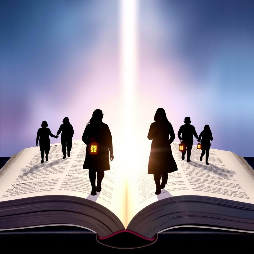 A stylized image featuring an open book with light emanating from its pages. Silhouettes of people are walking towards the light, each carrying a small lantern. The background is a soft, gradient blend of blues and purples, suggesting a spiritual realm. The book represents the Bible, and the light symbolizes divine guidance. The lanterns signify individual journeys of faith. Colors should be calming and inspiring. The overall style is slightly abstract and symbolic. Composition: focus on the light source and the figures moving towards it. Texture details: the smooth texture of the book pages, the soft glow of the lanterns. Technical specs: 4K resolution, high-quality rendering.