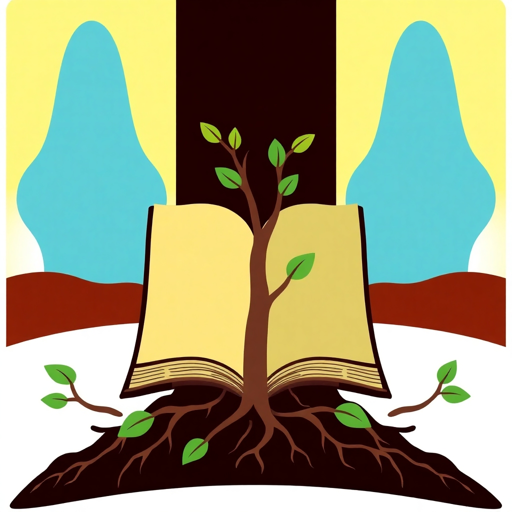 A stylized image of a book with roots growing into the ground and branches reaching towards the sky, symbolizing the lasting impact of a well-promoted book. Use a vibrant color palette to convey the sense of growth and vitality. The style should be organic and natural.