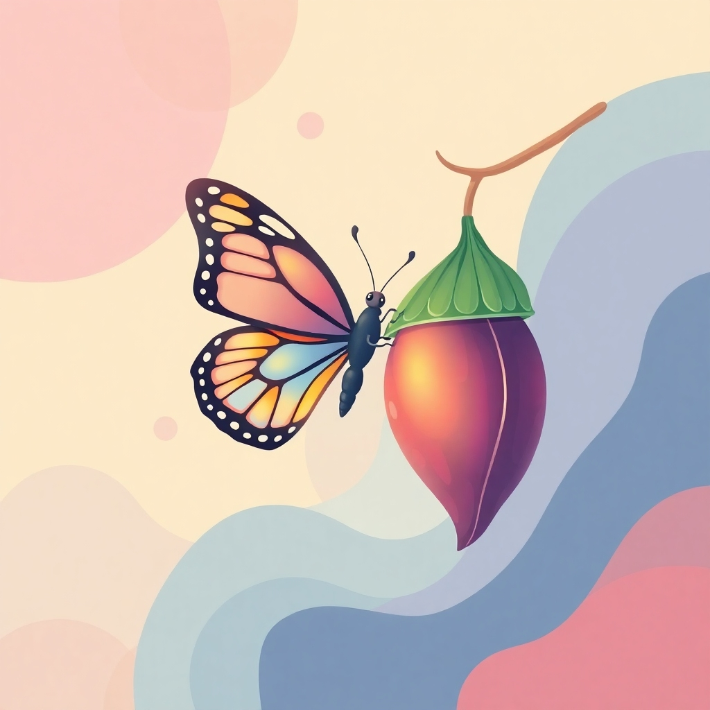 A stylized image of a butterfly emerging from a chrysalis. The butterfly represents transformation and new beginnings, while the chrysalis symbolizes the old self. The color palette consists of soft pastels and vibrant colors, conveying a sense of hope and beauty. Style reference: Inspired by nature illustrations and abstract art. Technical specs: 4K resolution, high quality rendering.