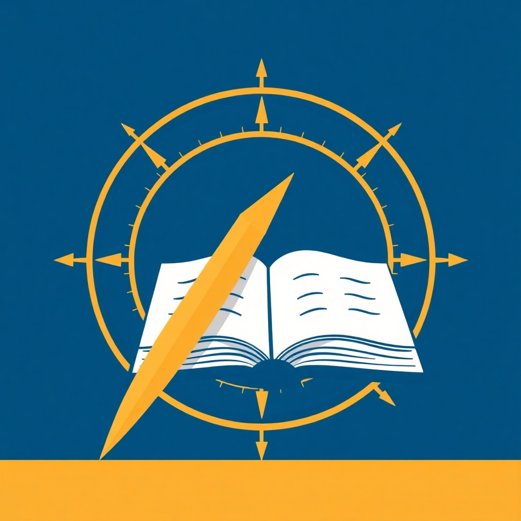 A stylized image of a compass pointing towards a book, symbolizing strategic direction and focused marketing efforts. Use a clean, professional design with a color palette of blues and golds.