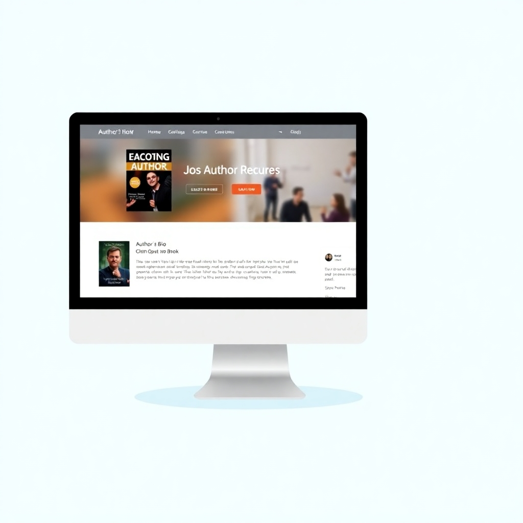A stylized image of a computer screen displaying a well-designed author website, highlighting the book and author's bio. Use a clean, modern design with a color palette that reflects the author's brand.