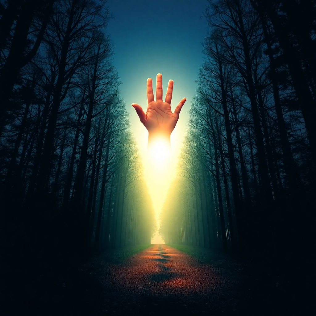 A stylized image of a guiding hand reaching down from the sky, illuminating a path through a dark forest. The hand represents divine guidance, and the path symbolizes life's journey. The overall style should be inspirational and hopeful. Camera angle: low angle, looking up at the hand and the path. Style reference: comforting and protective. Technical specs: 4K resolution, high quality.