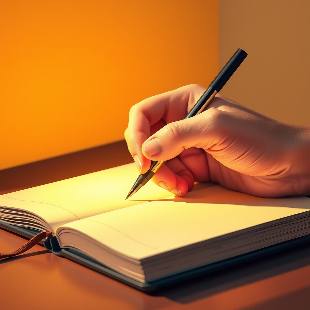 A stylized image of a hand holding a pen, writing in a journal. Light emanates from the journal, illuminating the hand and the surrounding area. The journal represents a space for personal reflection and storytelling. The pen symbolizes the power of words. Colors should be warm and inviting. Composition: focus on the hand and the journal. Texture details: the texture of the paper and the pen. Technical specs: 4K resolution, high-quality rendering.