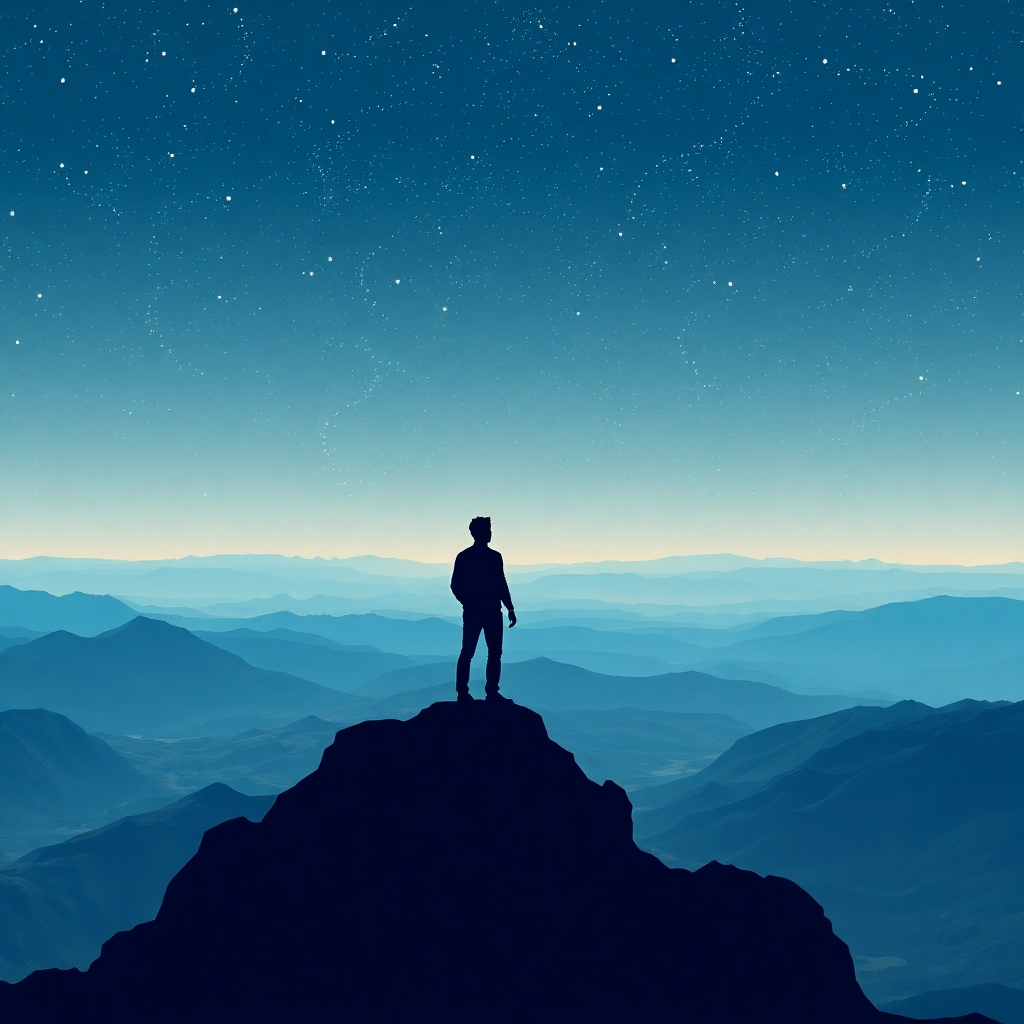 A stylized image of a person standing on a mountaintop, looking out at a vast landscape. The sky is filled with stars, representing infinite possibilities. The person is silhouetted against the horizon, symbolizing determination and resilience. Camera angle: wide shot, capturing the grandeur of the scene. Style reference: inspirational and majestic. Technical specs: 4K resolution, high quality.