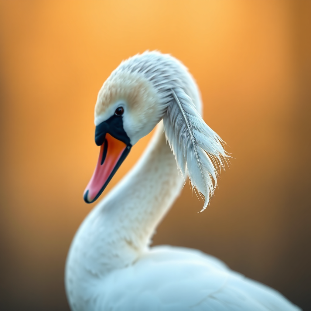 A stylized image of a swan with a slightly imperfect feather. Focus on the unique texture and shape of the feather, highlighting its beauty. Use a warm color palette and soft lighting. Style: Impressionism. Resolution: 4K.