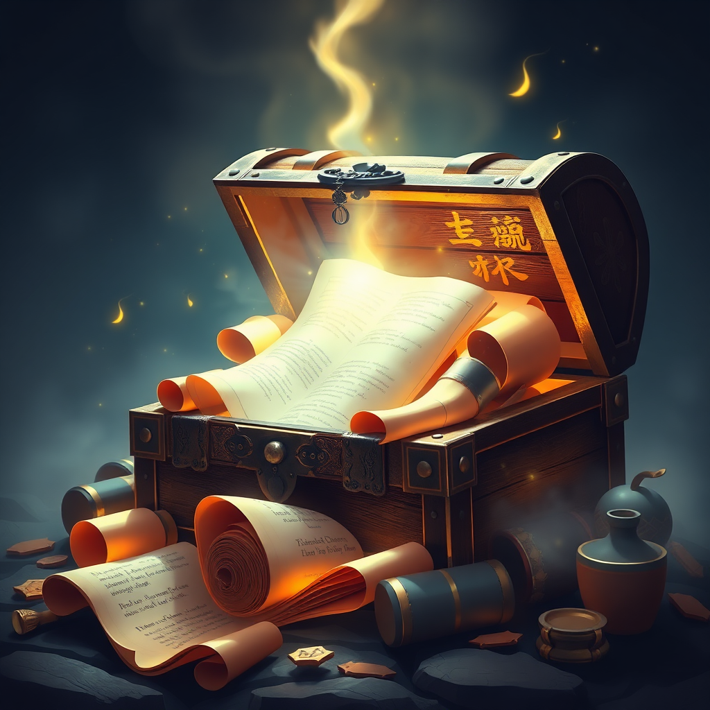 A stylized image of a treasure chest overflowing with glowing scrolls and books. Light emanates from the chest, illuminating the surrounding area. The chest represents a repository of knowledge and wisdom. The scrolls and books symbolize divine guidance and teachings. Colors should be rich and vibrant. The overall style is slightly fantastical and inspiring. Composition: focus on the light source and the contents of the chest. Texture details: the intricate details of the chest and the texture of the scrolls. Technical specs: 4K resolution, high-quality rendering.