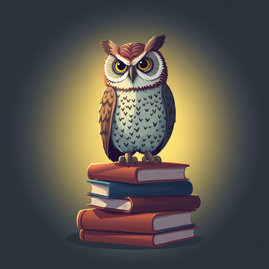A stylized image of a wise owl perched on a stack of books, surrounded by glowing light. The owl represents wisdom. The books represent knowledge. The overall scene is intellectual and insightful. Style: Scholarly and perceptive. Technical Specs: 4K, High quality.