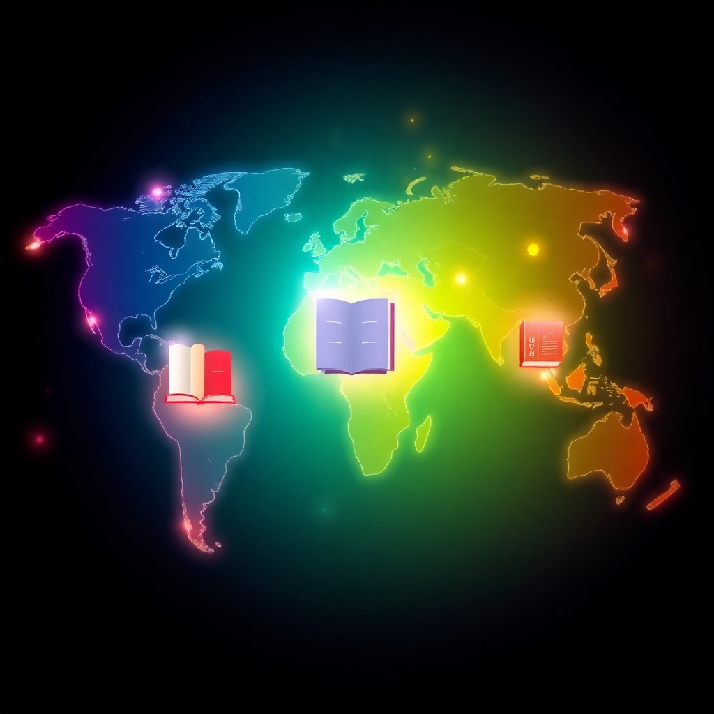 A stylized image of a world map interconnected by glowing lines representing the flow of information. Christian books are positioned at key locations on the map, symbolizing their global reach. Use a vibrant color palette to convey the energy and dynamism of online marketing. The style should be modern and futuristic.