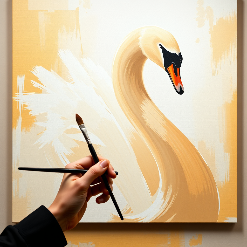 A stylized image of an artist's hand holding a paintbrush, with a close-up of a canvas showing abstract brushstrokes that resemble the curves of a swan's neck. Use a warm color palette and soft lighting. Style: Abstract expressionism. Resolution: 4K.