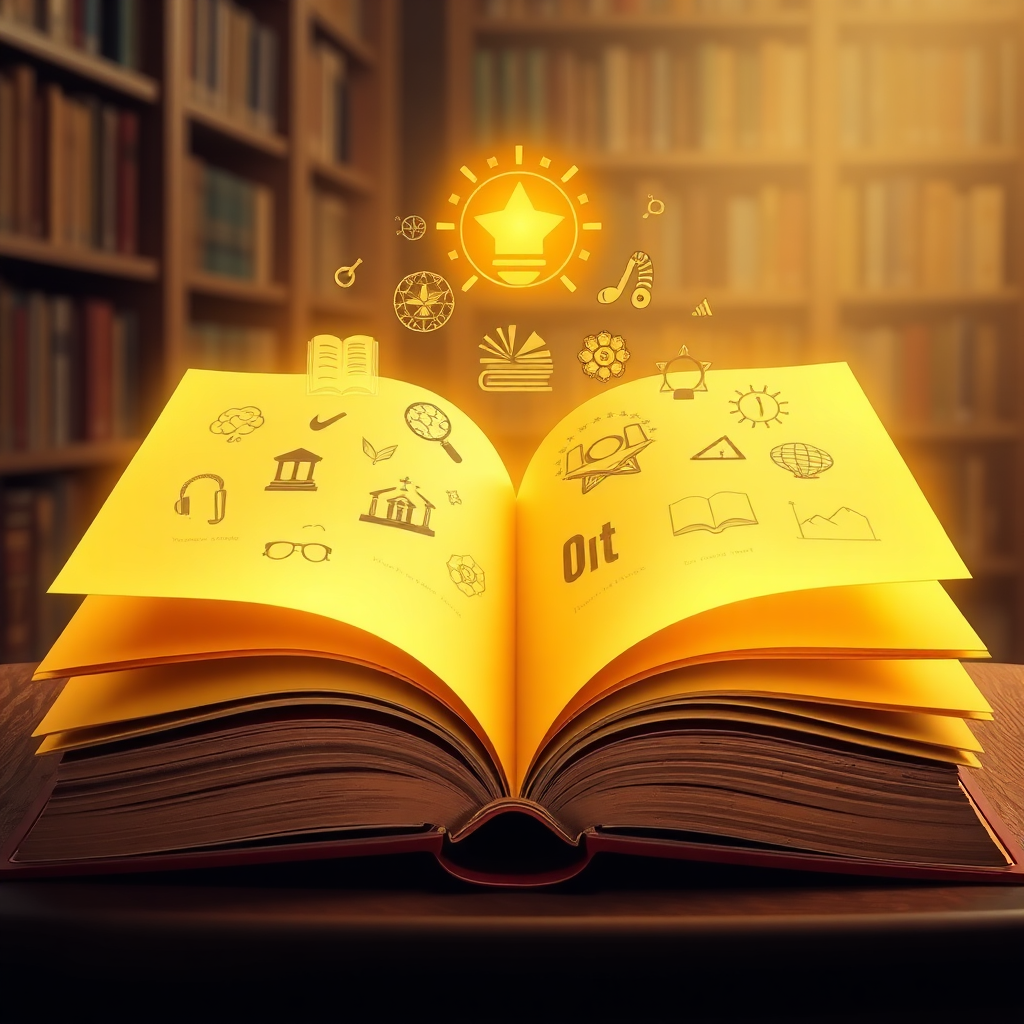 A stylized image of an open book with glowing pages. The pages contain various symbols representing knowledge, wisdom, and insight. The background is a library. The overall atmosphere is intelligent and creative. The lighting is golden and warm. Technical specs: 4K, High quality.