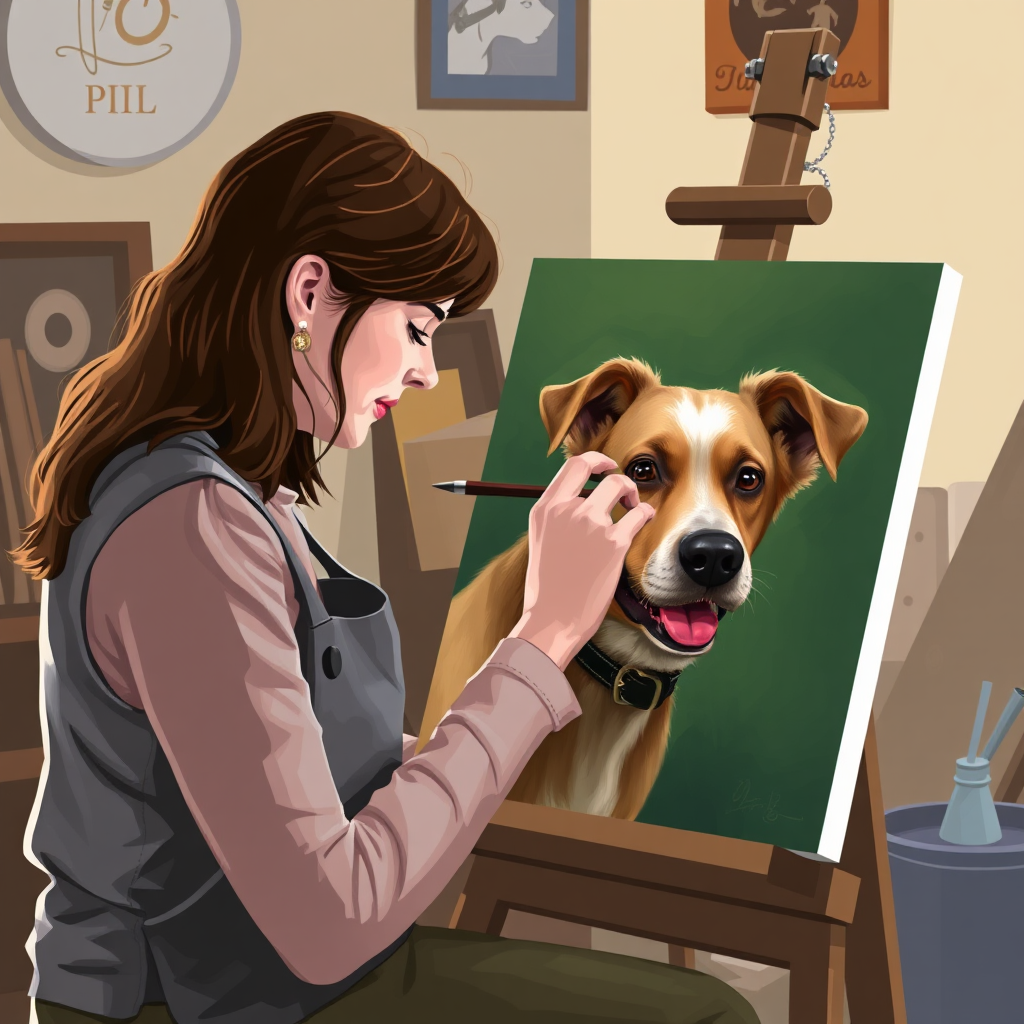 A stylized image of Margaret Lukasik working on a commissioned portrait of a beloved pet. The scene should convey the artist's dedication and attention to detail. 4K resolution.