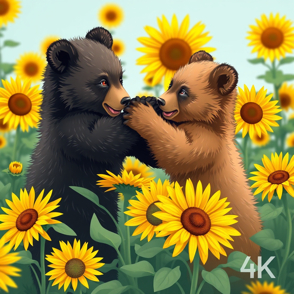 A stylized image of two bear cubs playfully wrestling in a field of sunflowers. The composition should be dynamic and energetic, capturing the cubs' playful movements. Use a bright, cheerful color palette to enhance the whimsical feel. 4K resolution.