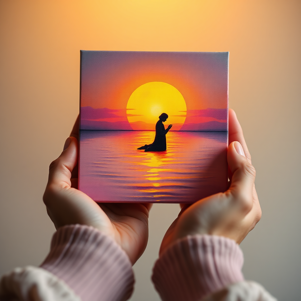 A stylized image representing the essence of 'Selling paintings that inspire prayer and faith'. The scene depicts hands gently holding a glowing oil painting depicting a sunrise over a calm sea. A faint silhouette of praying figure can be seen in the painting. The lighting is soft and ethereal, emanating from the painting itself. The color palette is dominated by warm, inviting hues of gold, rose, and lavender. Focus on the texture of the hands and the subtle glow of the painting. The background is blurred and indistinct, emphasizing the central image. Style reference: Contemporary spiritual art. Technical specs: 4K resolution, high quality, soft focus.