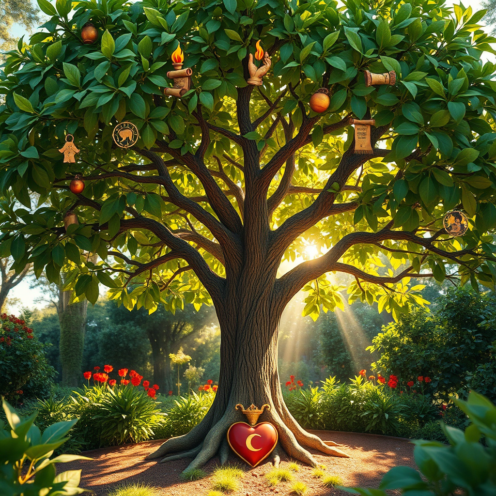 A stylized image representing a tree with nine distinct branches, each adorned with symbolic representations of a spiritual gift (e.g., a flame for prophecy, a hand for healing, a scroll for teaching). The tree is rooted in a heart, symbolizing love and faith. Sunlight filters through the leaves, creating a warm and inviting atmosphere. The color palette is vibrant and hopeful, with greens, golds, and blues dominating. Camera angle: Eye-level, showcasing the tree's full form and intricate details. Texture details: Focus on the bark of the tree, the delicate leaves, and the symbolic representations of the gifts. The environment is a lush garden, representing growth and abundance. Style: Inspired by illuminated manuscripts and nature photography. Technical specs: 4K resolution, high quality.