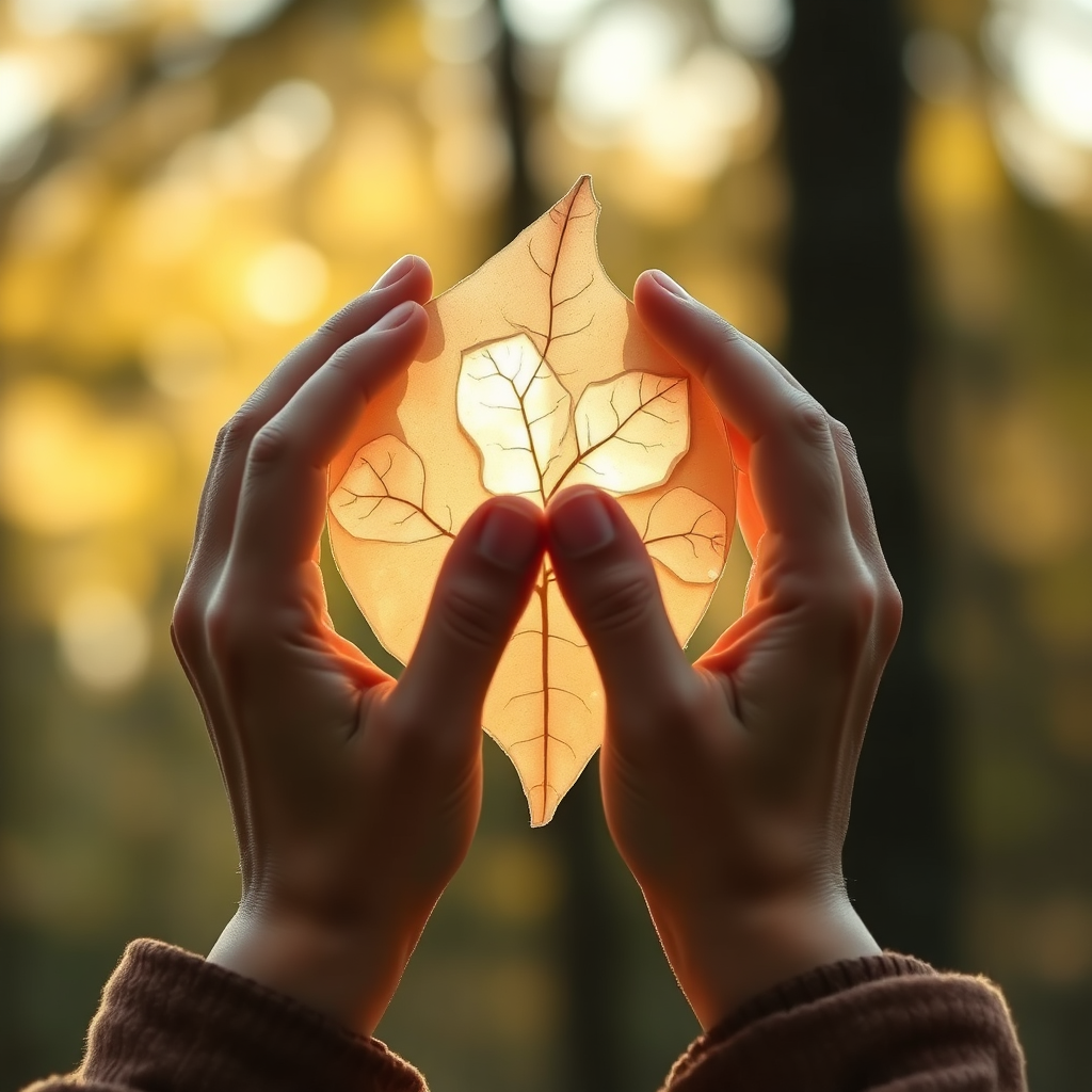 A stylized image representing the core of 'my inspiring art'. The image should depict hands gently shaping paper birch bark into an artistic form, backlit by a warm, inviting light. The background is blurred, suggesting a peaceful forest setting. The color palette is warm and natural, emphasizing earthy tones and the creamy white of the paper birch. The composition should focus on the hands and the emerging artwork, symbolizing the creative process and the connection to nature. The overall style should be gentle and uplifting, reflecting the healing nature of the art. Focus on texture to highlight the material qualities of the birch bark. Technical specs: 4K resolution, high quality, soft and diffused lighting.