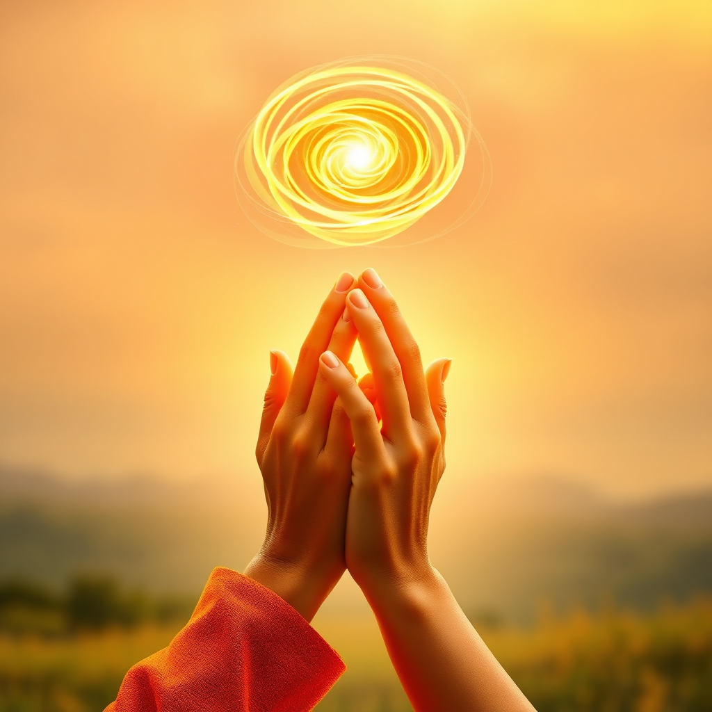 A stylized image representing the concept of agreement in prayer. Visualize two hands clasped together, bathed in a golden light. Above them, a swirling vortex of energy symbolizes the amplified power of their united faith. The background is a soft, blurred landscape. The color palette is vibrant and uplifting, with shades of gold, orange, and yellow. The overall style is slightly abstract, with a focus on conveying energy and unity. The camera angle is slightly elevated, capturing the entire image. Textures are smooth and ethereal. 4K resolution, high quality.