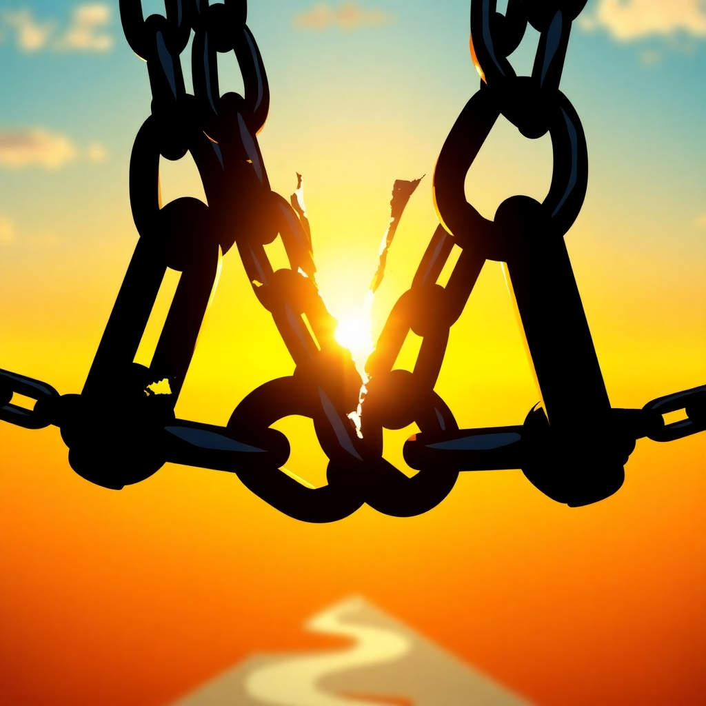 A stylized image showing chains breaking apart, with light shining through the cracks. In the background, a sunrise symbolizes a new beginning and freedom from financial burdens. The colors should transition from dark and oppressive to bright and hopeful. Style: Symbolic, transformative, and liberating. Resolution: 4K, high quality.