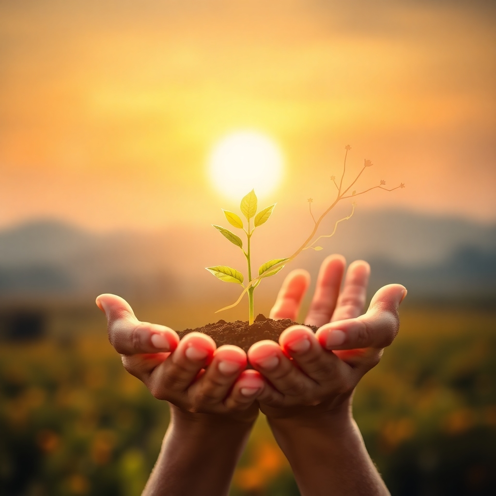 A stylized, photorealistic image depicting hands gently holding a seedling, bathed in soft, warm light. The seedling represents the potential for both spiritual and financial growth. The background should be a blurred, out-of-focus scene of a sunrise over a fertile landscape. Overlay subtle graphic elements of financial charts blending into branches or leaves to tie the two subjects, spiritual growth and money growth, together. The hands are diverse and inclusive, and have subtle golden highlights. Style: Modern, clean, and uplifting, with a touch of stained-glass aesthetic. Resolution: 4K, high quality.
