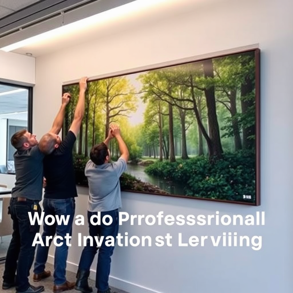 A team of art installers carefully hanging a large nature-themed artwork in a modern office space. The installation is precise and professional, ensuring the artwork is securely mounted and perfectly aligned. The overall message is to convey the value of professional art installation services.