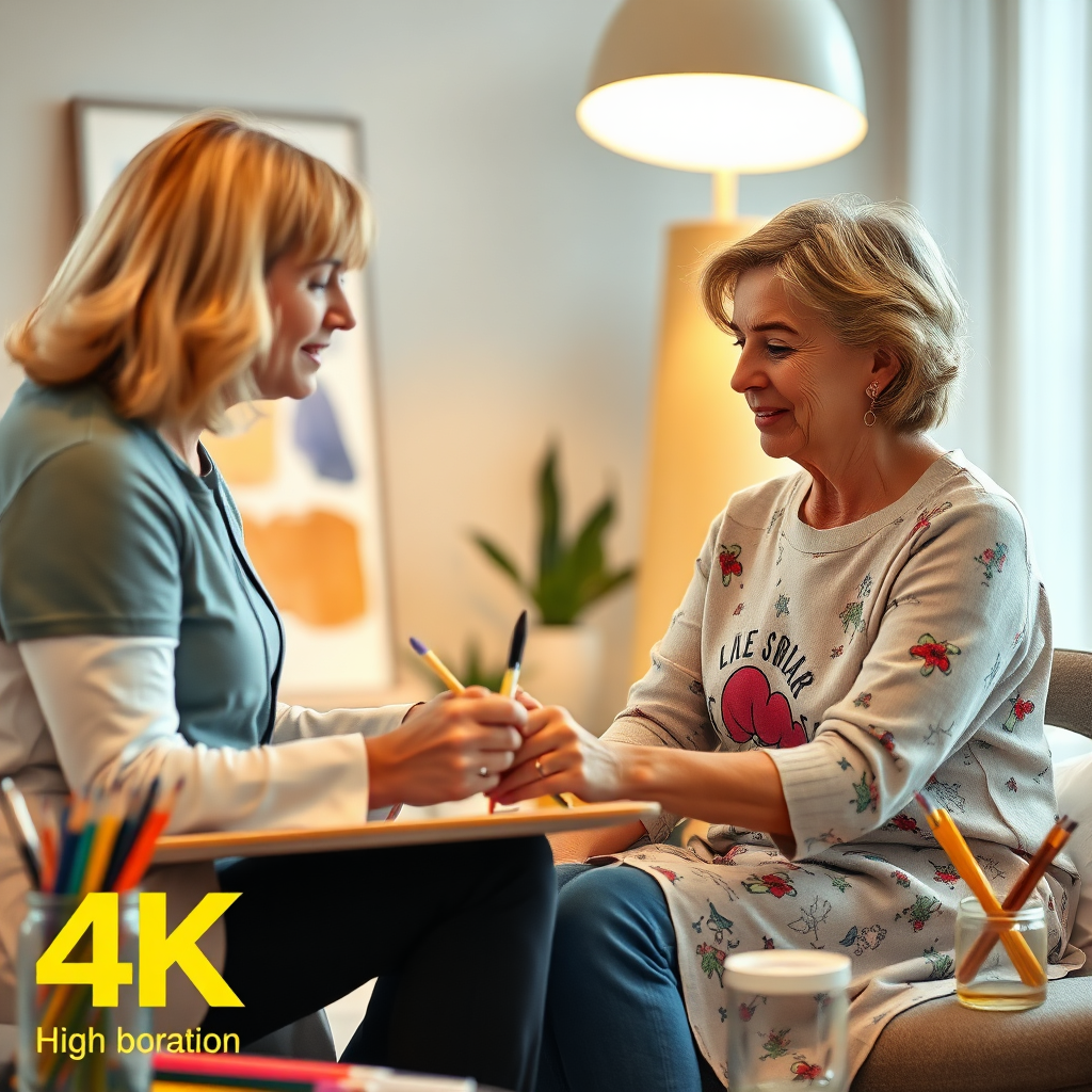 A therapist guiding a client through an art therapy session, using various art materials. The scene conveys a sense of trust and support. The lighting is warm and inviting, creating a safe and comfortable atmosphere. 4K resolution, high quality.