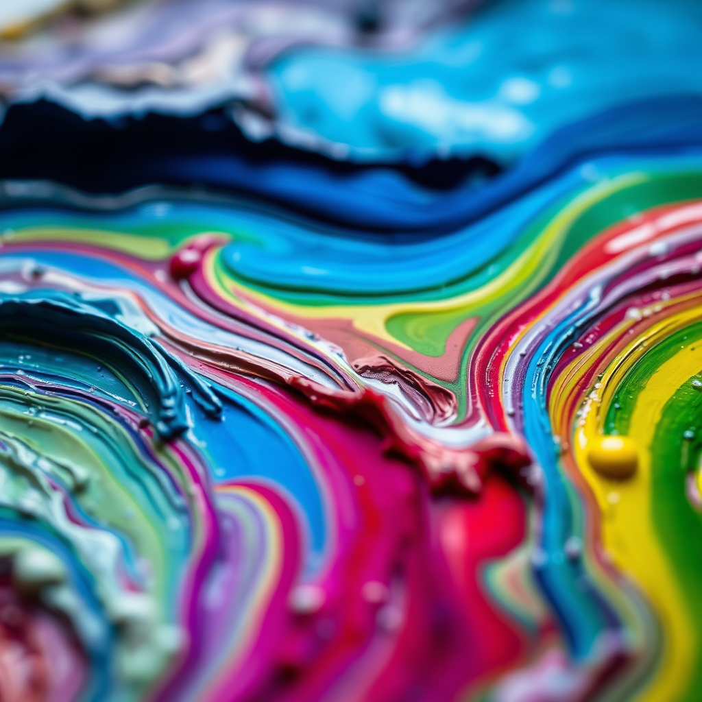 A vibrant close-up shot of an artist's palette, showcasing a rich array of colors ranging from cool blues and greens to warm reds and yellows. The colors are swirled together, creating a dynamic and textured composition. Soft, diffused light illuminates the palette, highlighting the subtle variations in hue and tone. The image should convey a sense of creativity, inspiration, and emotional expression. Focus on capturing the tactile quality of the paint and the interplay of light and color. Style: Photorealistic, vibrant. Technical specs: High resolution, macro lens.