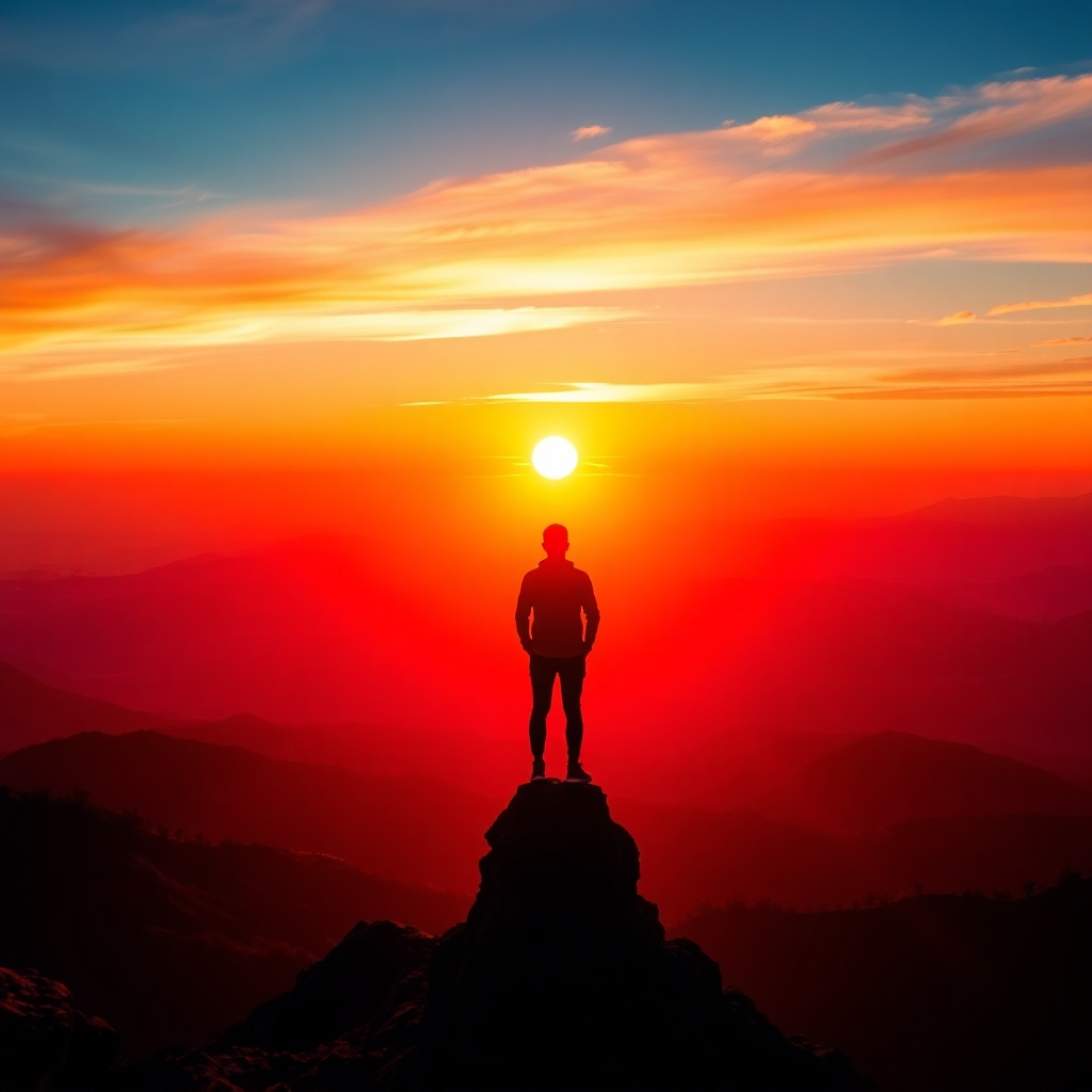 A vibrant image depicting a person standing on a mountaintop, overlooking a vast and beautiful landscape. The person is silhouetted against the rising sun, symbolizing a sense of accomplishment and purpose. The scene should evoke feelings of hope and inspiration. Style: Landscape photography with a touch of surrealism. Technical specs: 4K resolution, high-quality rendering.