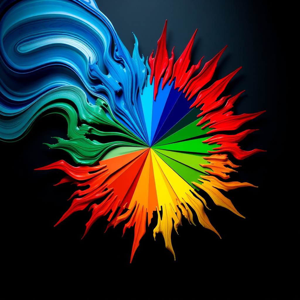 A visually striking image featuring a color wheel, with each segment of the wheel radiating outwards into an abstract pattern representing the emotion associated with that color. For example, the red segment explodes into jagged, energetic shapes, while the blue segment flows into calm, undulating waves. High contrast lighting to emphasize the vibrancy of the colors. Style: Graphic, bold. Technical specs: 4K resolution, vibrant colors.