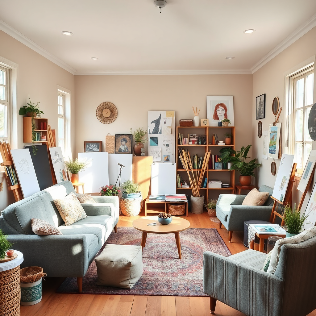 A warm and inviting art therapy studio with comfortable seating and a variety of art supplies. The focus is on creating a safe and supportive environment for individual expression. Soft, natural light filters through the windows, creating a calming atmosphere. Style: Interior design, cozy. Technical specs: 4K resolution.