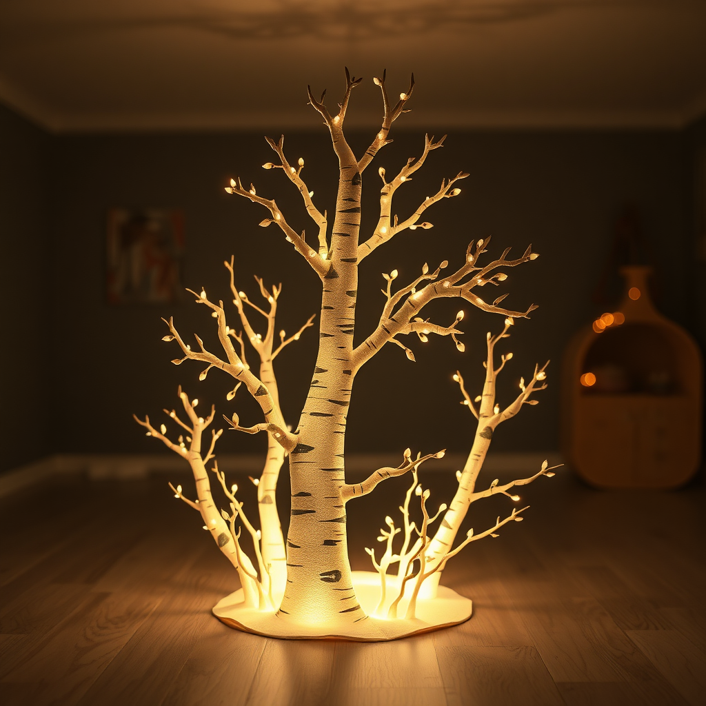 A whimsical image of a paper birch sculpture glowing subtly in a dimly lit room, creating a magical, dreamlike atmosphere. 4k resolution.