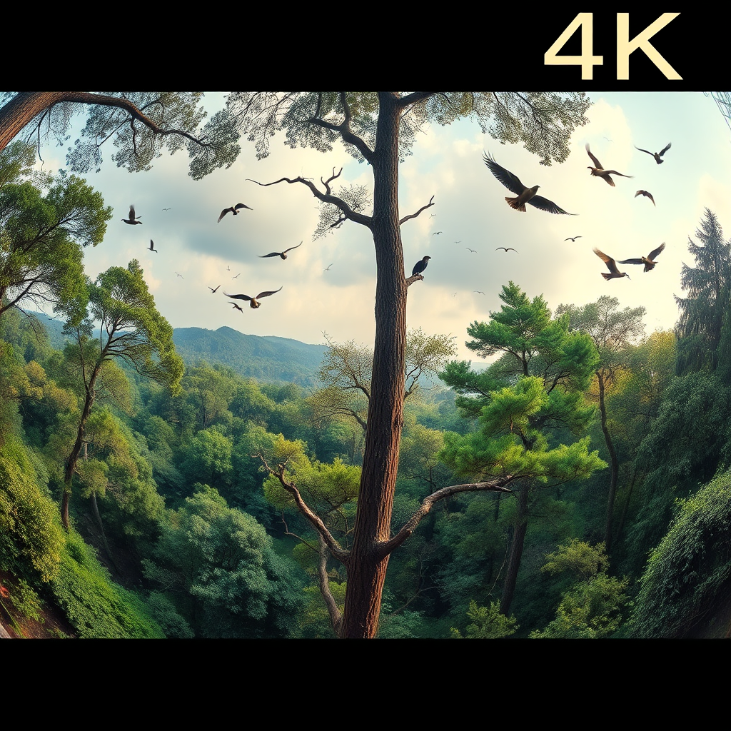 A wide-angle landscape photograph of a lush forest scene, with birds soaring through the air and perching on trees. The image should capture the beauty and tranquility of nature, with a focus on the interplay of light and shadow. The color palette should be vibrant and natural, with greens, blues, and browns dominating the scene. The composition should be balanced and harmonious. Technical specs: 4K resolution, landscape photography.